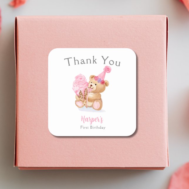 First Birthday Girl Teddy Bear Ice Cream Square Sticker (Creator Uploaded)