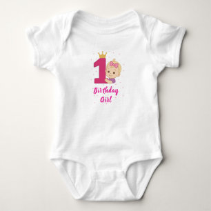 First Birthday Girl with Crown and Pink Number One Baby Bodysuit