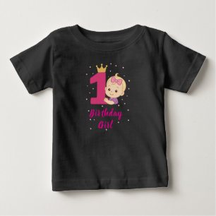 First Birthday Girl with Crown and Pink Number One Baby T-Shirt