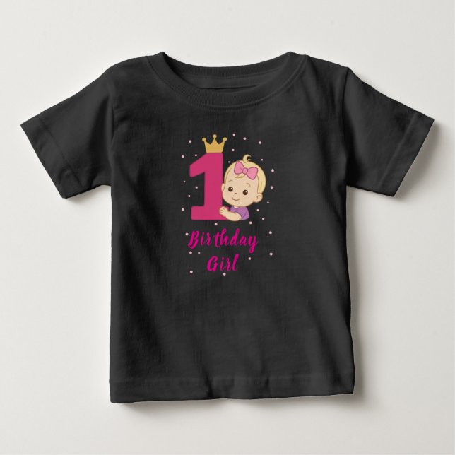 First Birthday Girl with Crown and Pink Number One Baby T-Shirt (Front)