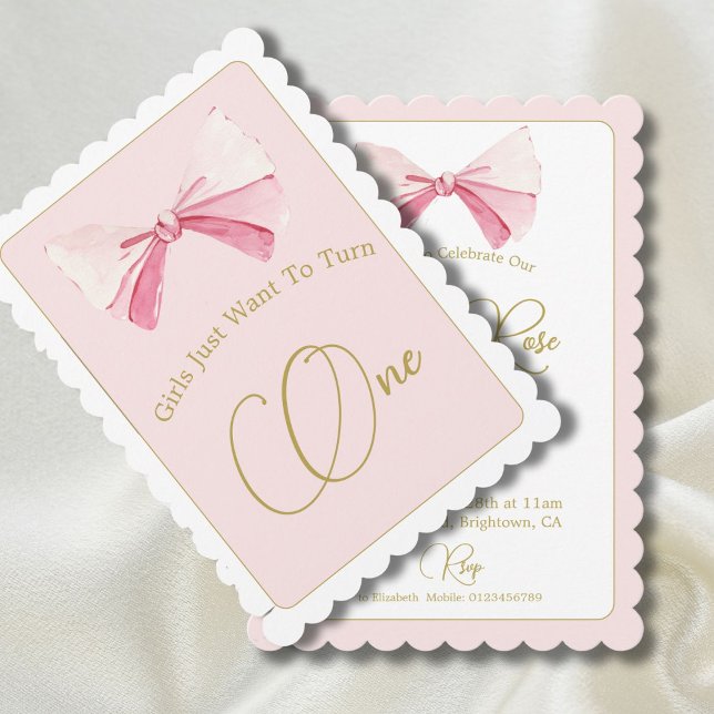 First Birthday Girls Just Want To Pink Bow Cute  Invitation (Creator Uploaded)