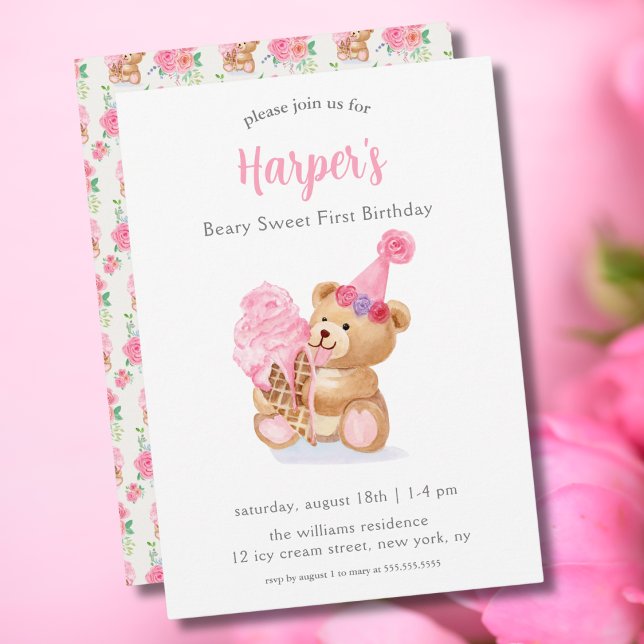 First Birthday Girls Teddy Bear Ice Cream Invitation (Creator Uploaded)