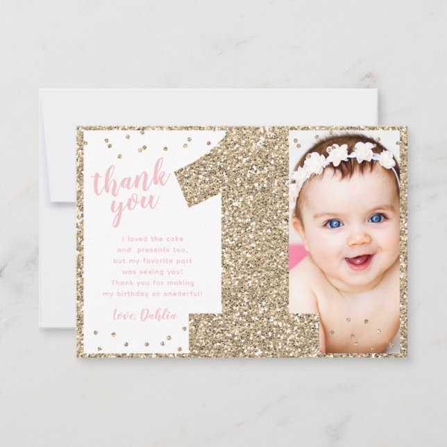 First Birthday Gold and Pink  Thank You Card (Front)