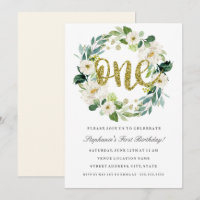 First Birthday Gold Floral Wreath Invitation
