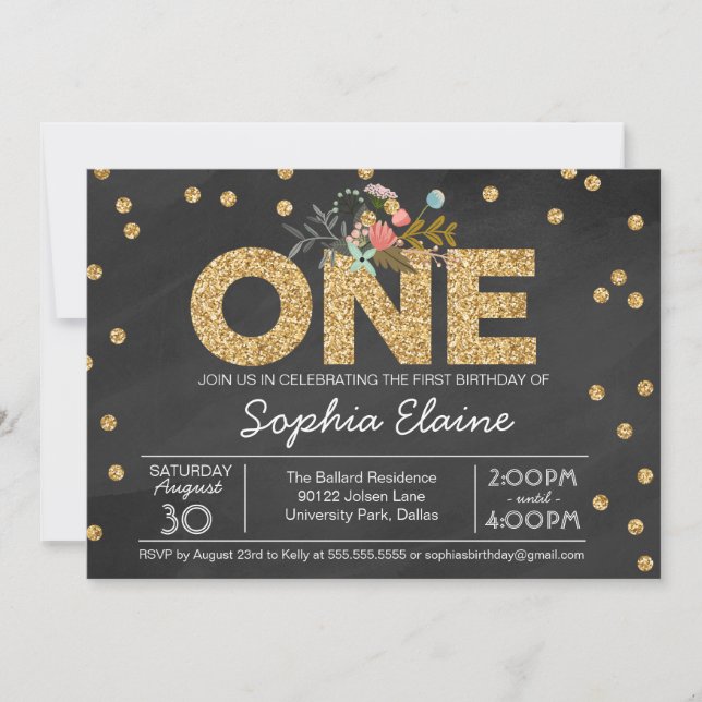 First Birthday, Gold Glitter Confetti, Chalkboard Invitation (Front)