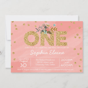 First Birthday, Gold Glitter Confetti, coral pink Invitation