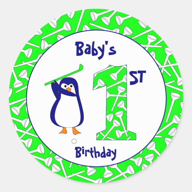 First Birthday Golfing Penguin Classic Round Sticker (Front)