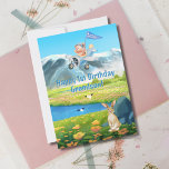 First Birthday Grandson Teddy Bear Flies Aeroplane Holiday Card<br><div class="desc">Celebrate a little boy’s big milestone with this adorable first birthday card featuring a brave teddy bear pilot soaring above mountains and a dreamy landscape of flowers, a sparkling lake, and a curious bunny below. With soft colours and storybook charm, this card captures the magic of turning ONE. The inside...</div>