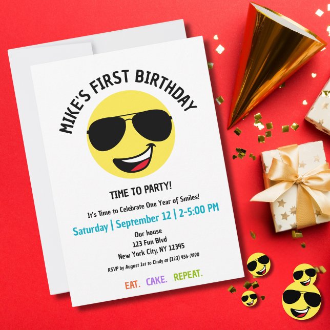 First Birthday Happy Face Aviator Sunglasses Cute Invitation (Creator Uploaded)