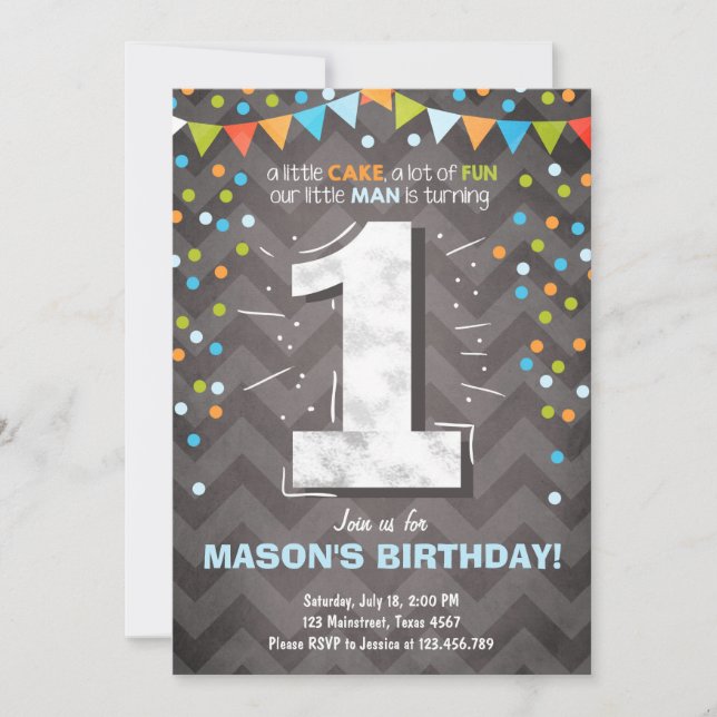 First Birthday Invitation boy One Chalk Green blue (Front)