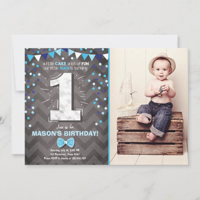 First Birthday Invitation boy One Navy Blue Bowtie (Front)