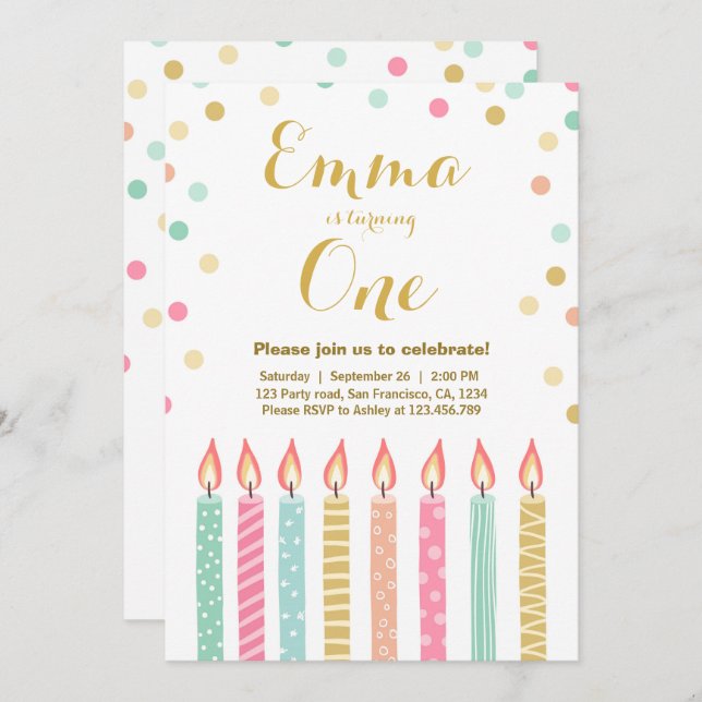 First birthday invitation Girl Confetti Candles (Front/Back)