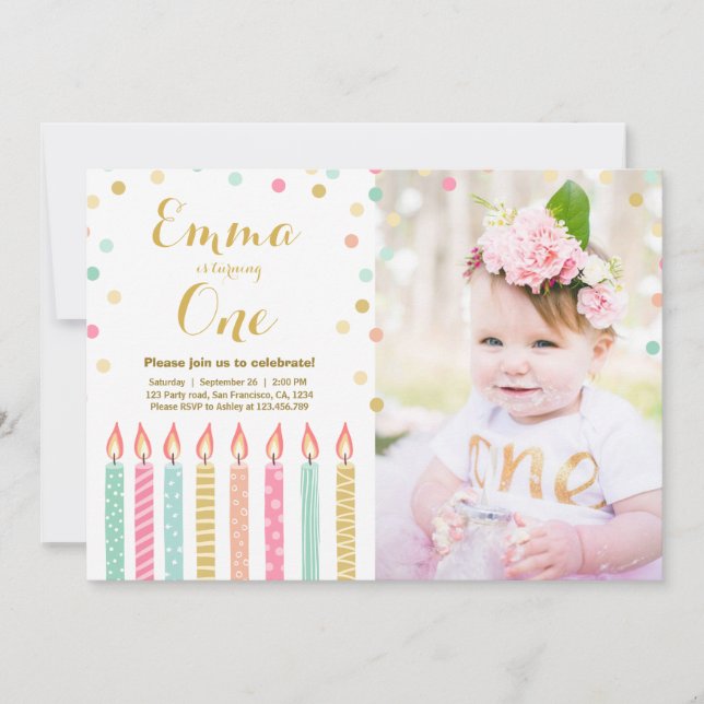 First birthday invitation Girl Confetti Candles (Front)