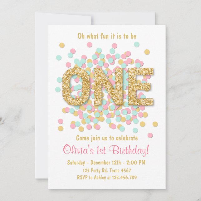 First birthday invitation Girl Pink Gold Mint (Front)