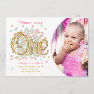 First birthday invitation Girl Pink Gold mint