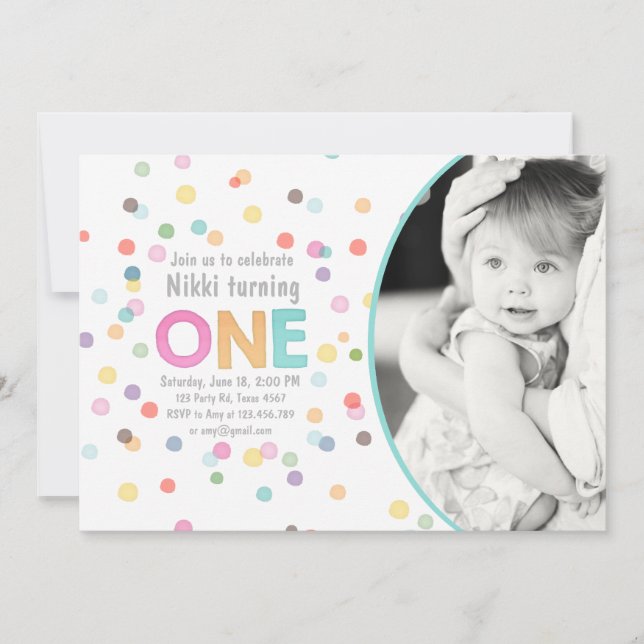 First birthday invitation Girl Watercolor confetti (Front)