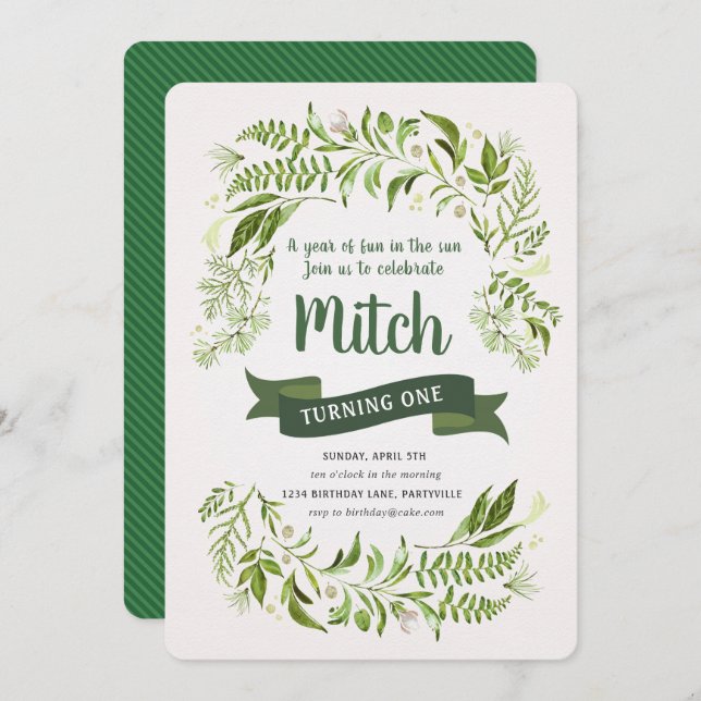 First Birthday Invitation Greenery Banner Nature (Front/Back)