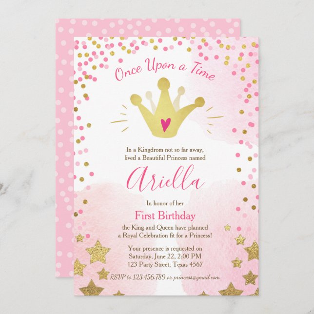 First birthday invitation Princess Gold Pink Crown (Front/Back)