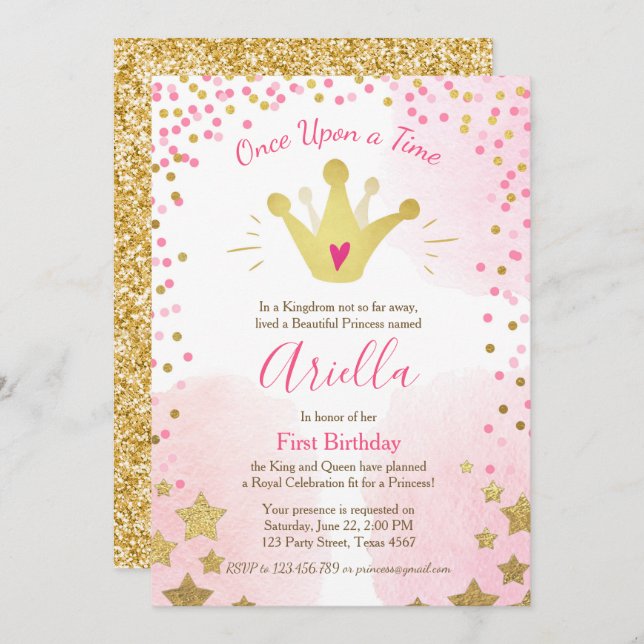 First birthday invitation Princess Gold Pink Crown (Front/Back)