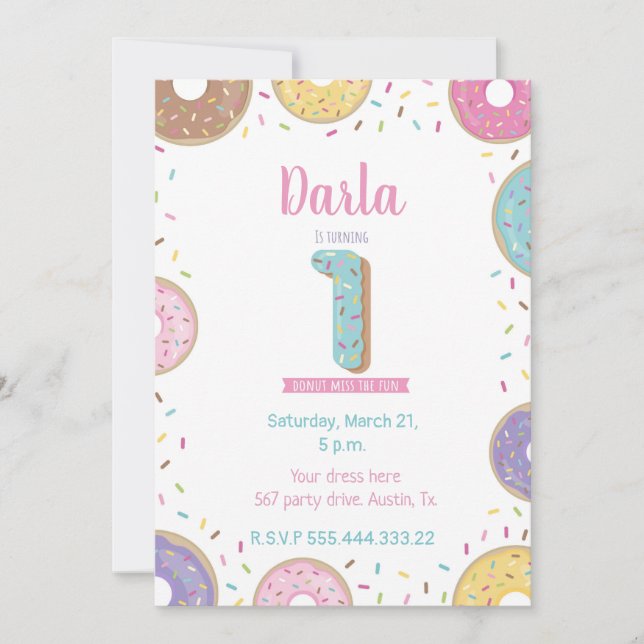 First Birthday invitation, sweet doughnut invitati Invitation (Front)