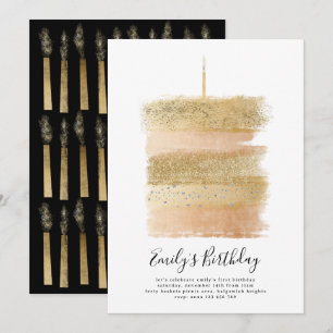 First Birthday Invite Girl, Cake Sparkly Gold 1st