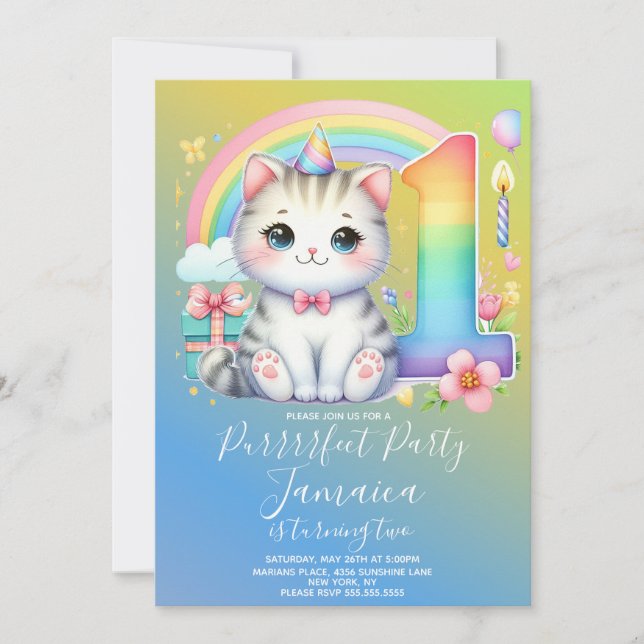 First Birthday Kitten Rainbow Party Invitation (Front)