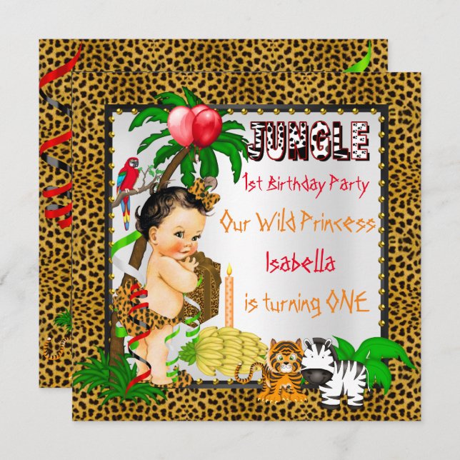 First Birthday Leopard Jungle Safari Wild Brunette Invitation (Front/Back)