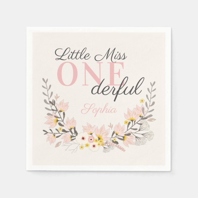 First Birthday little miss one-derful floral party Napkin (Front)