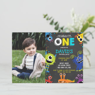 First Birthday Little Monster Chalkboard Photo Invitation