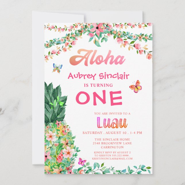 First Birthday Luau Tropical Floral Pineapple  Invitation (Front)