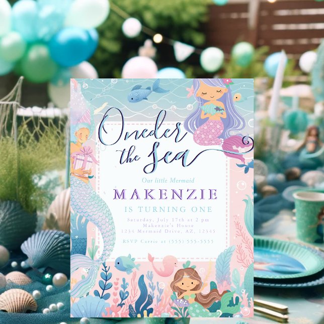 First Birthday Mermaid Postcard (First Birthday Unser the sea invitations postcard.)