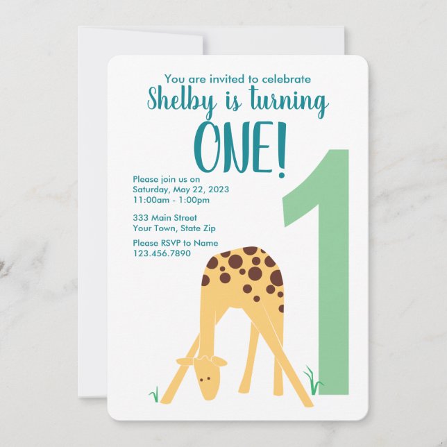 First Birthday Modern Yellow Baby Giraffe Invitation (Front)