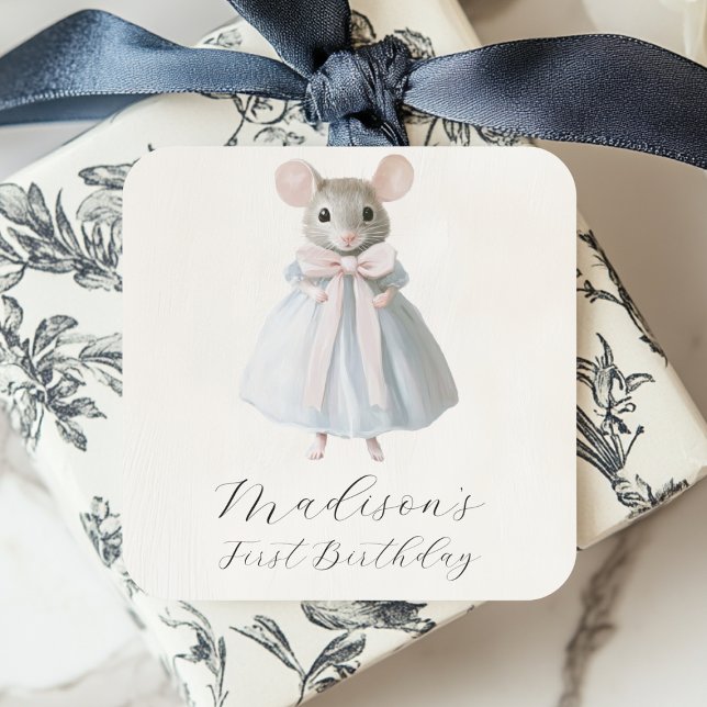First Birthday Mouse Whimsical Victorian Birthday Square Sticker (Creator Uploaded)