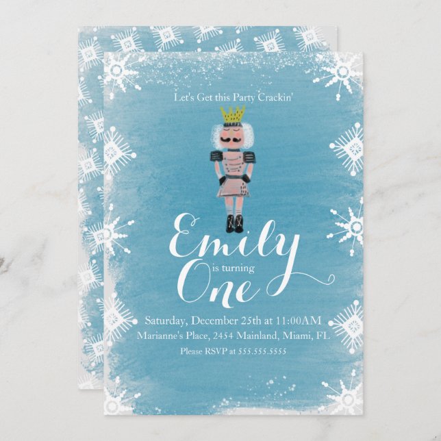 First Birthday Nutcracker Snowflakes Watercolor Invitation (Front/Back)