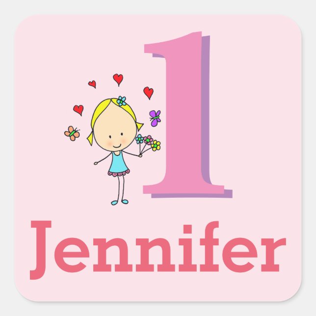First Birthday, One Year Old, Girl Square Sticker (Front)