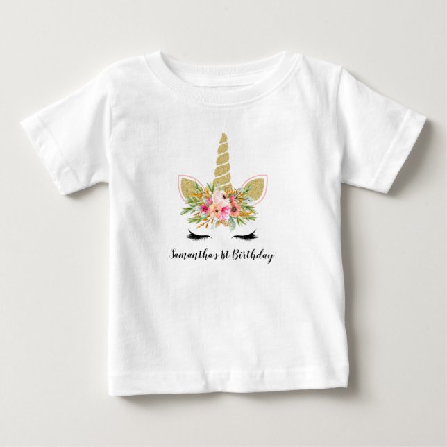 First Birthday Outfit Glitter Unicorn & Bouquet Baby T-Shirt (Front)