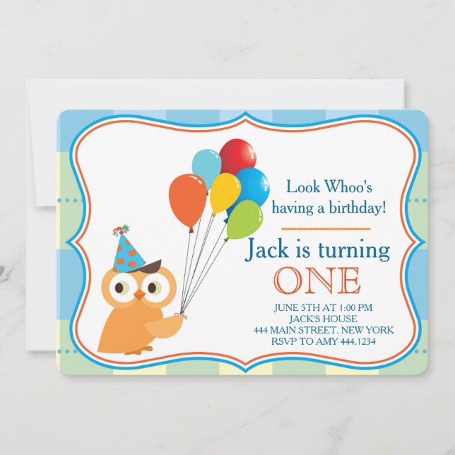 First Birthday Owl Boy Party Invitation (Front)