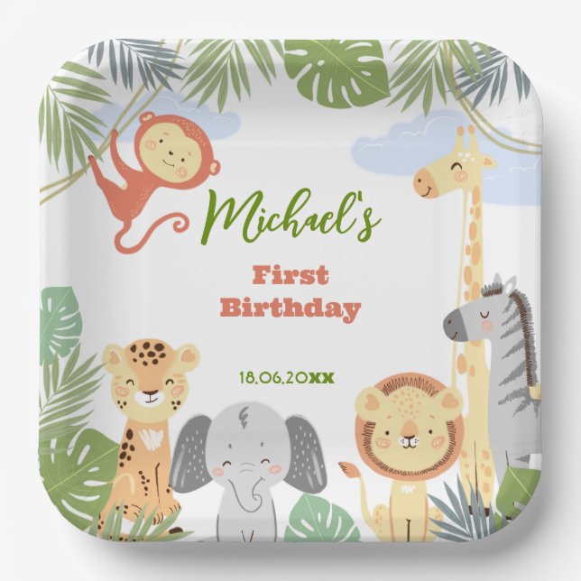 First birthday Paper Plate with cute animals. (Front)