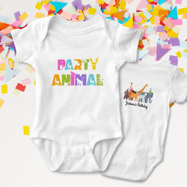 First Birthday Party Animal Safari White Bodysuit (Party Animal First Birthday Bodysuit One Piece for Baby's Wild One First Birthday)