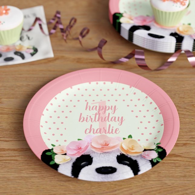 First Birthday Party Boho Panda Polka Dot Paper Plate (A cute panda bear with flowers in her hair. Add a name and age to these cute birthday paper plates)