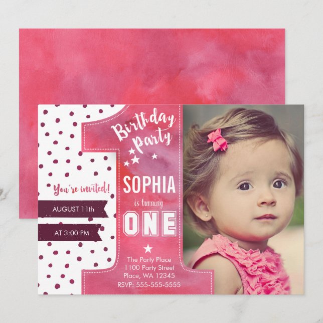 First Birthday Party Invitation Girl Watercolor (Front/Back)