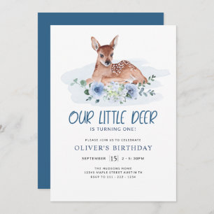 First Birthday Party Little Deer Blue Floral Invit Invitation