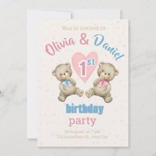 First Birthday Party Poster with Cute Teddy Bears Invitation