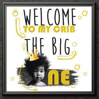 First Birthday Photo Black White Yellow Welcome Poster