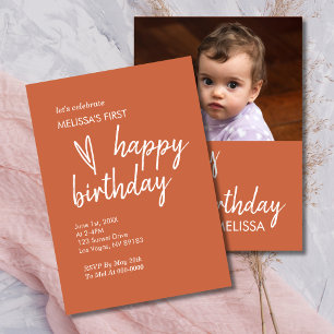 First Birthday Photo Boho Heart Terracotta Invitation