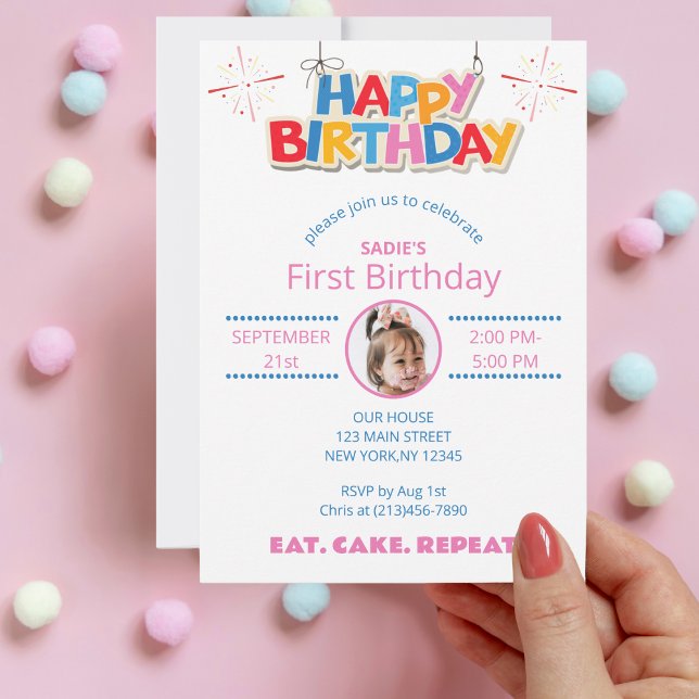 First Birthday Photo Girly Cute Colourful Simple  Invitation (Creator Uploaded)