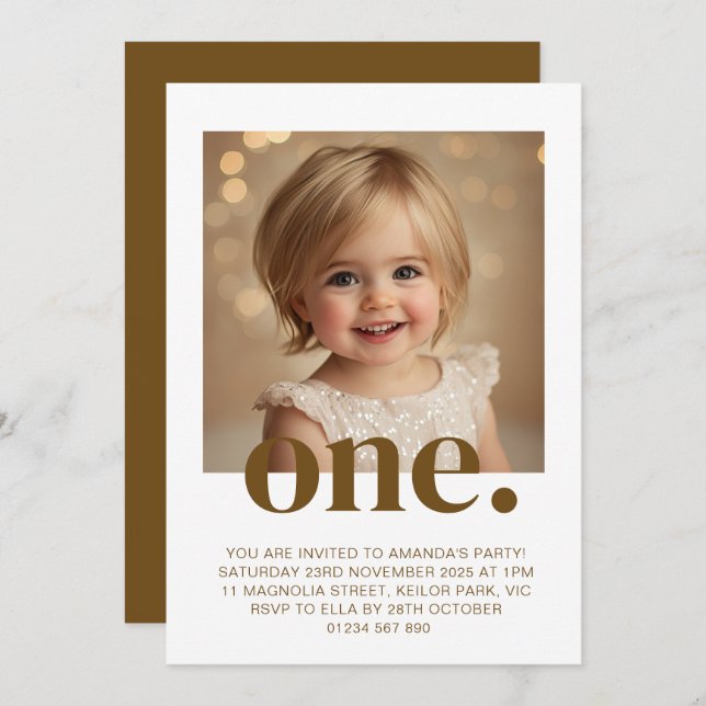 First Birthday Photo Invitation in Brown & White (Front/Back)