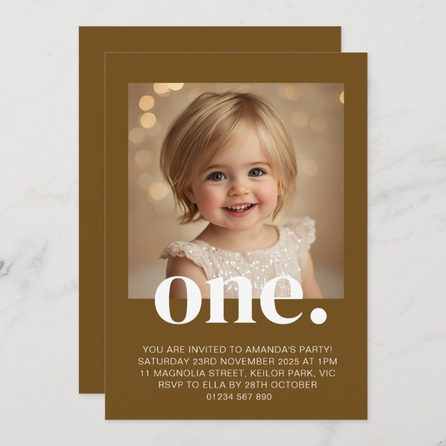 First Birthday Photo Invitation in Brown & White (Front/Back)