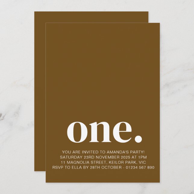 First Birthday Photo Invitation in Caramel Brown (Front/Back)