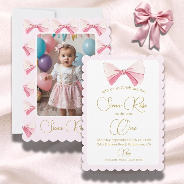First Birthday Photo Watercolor Bow Cute Pink  Invitation (Creator Uploaded)